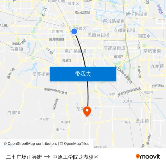 二七广场正兴街 to 中原工学院龙湖校区 map