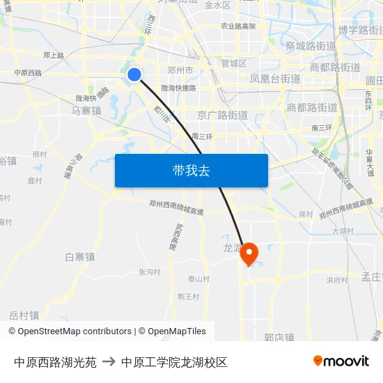 中原西路湖光苑 to 中原工学院龙湖校区 map