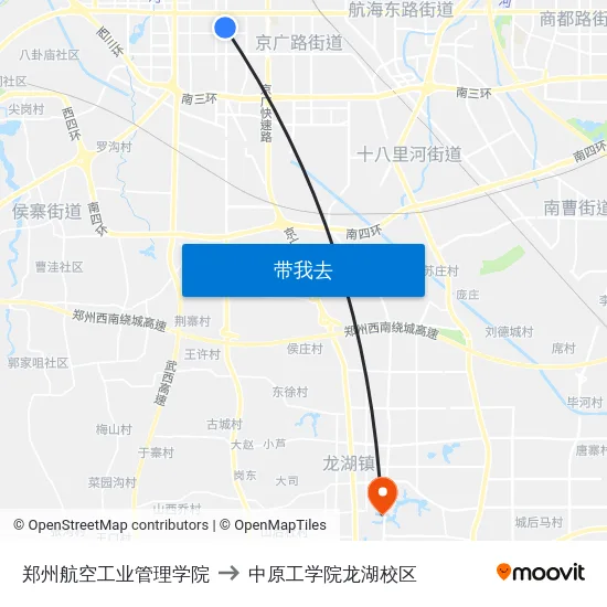 郑州航空工业管理学院 to 中原工学院龙湖校区 map