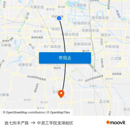 政七街丰产路 to 中原工学院龙湖校区 map