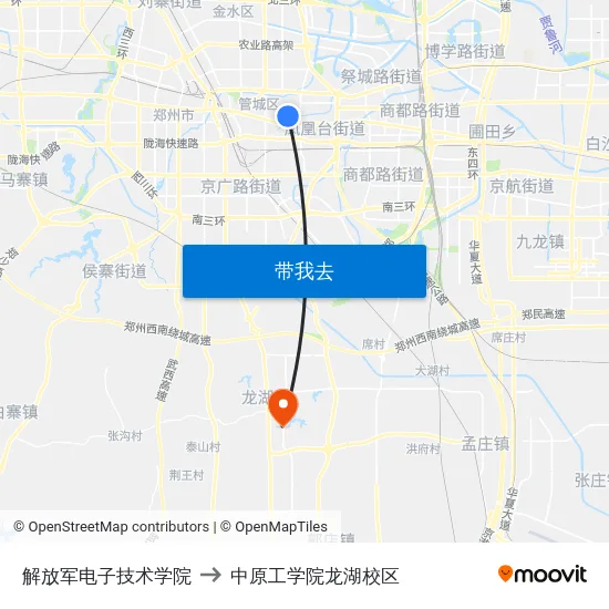 解放军电子技术学院 to 中原工学院龙湖校区 map