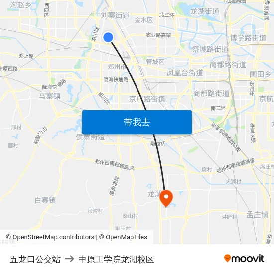 五龙口公交站 to 中原工学院龙湖校区 map