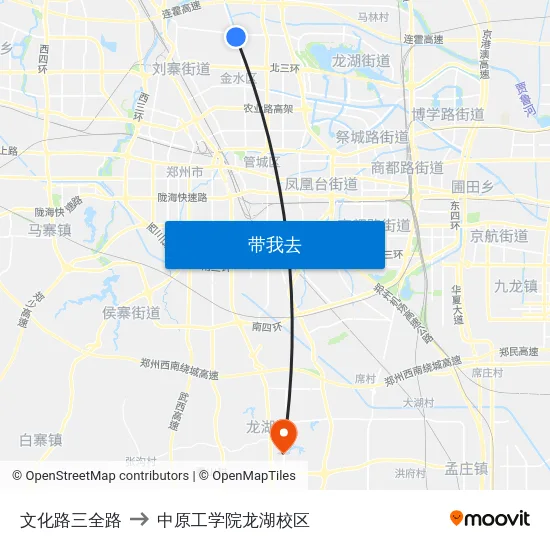 文化路三全路 to 中原工学院龙湖校区 map
