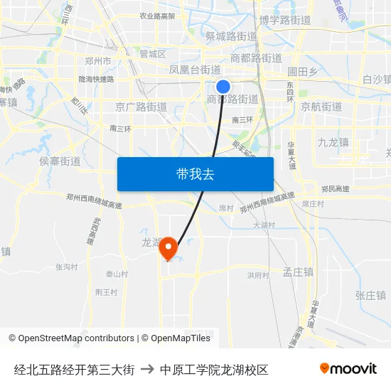 经北五路经开第三大街 to 中原工学院龙湖校区 map
