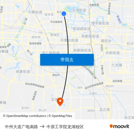 中州大道广电南路 to 中原工学院龙湖校区 map