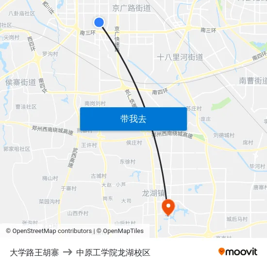 大学路王胡寨 to 中原工学院龙湖校区 map