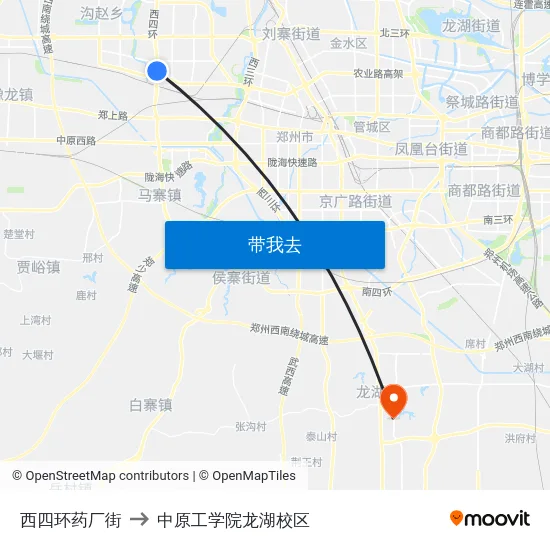 西四环药厂街 to 中原工学院龙湖校区 map