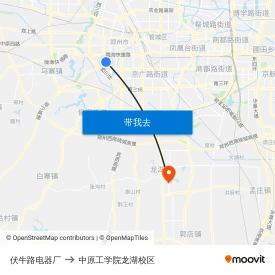 伏牛路电器厂 to 中原工学院龙湖校区 map
