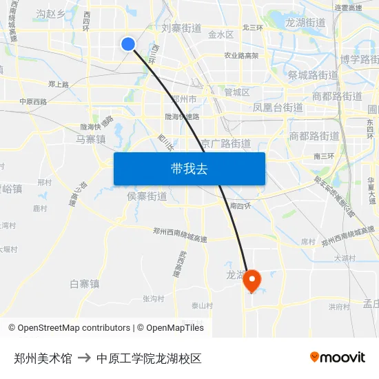 郑州美术馆 to 中原工学院龙湖校区 map