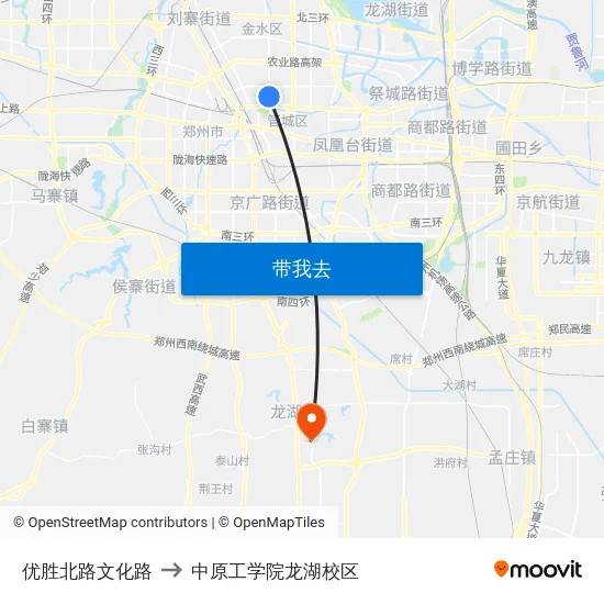 优胜北路文化路 to 中原工学院龙湖校区 map