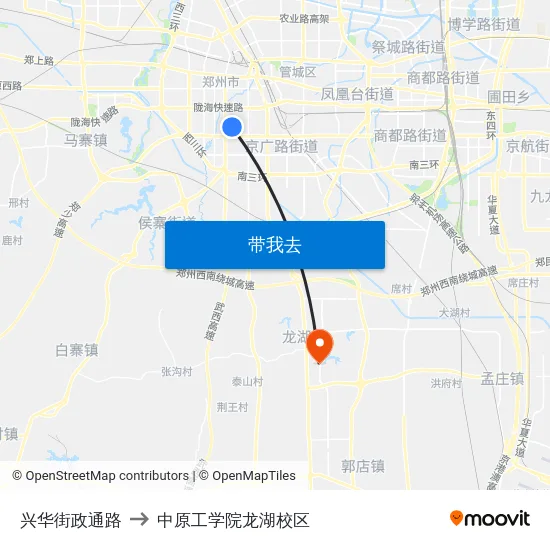 兴华街政通路 to 中原工学院龙湖校区 map