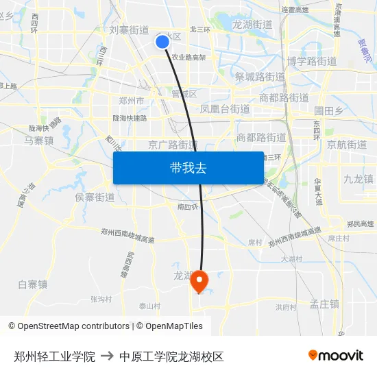 郑州轻工业学院 to 中原工学院龙湖校区 map