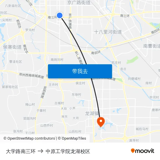 大学路南三环 to 中原工学院龙湖校区 map