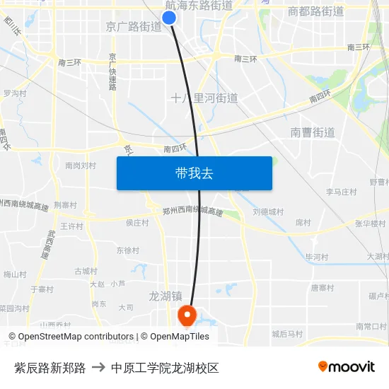 紫辰路新郑路 to 中原工学院龙湖校区 map
