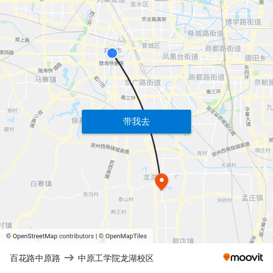百花路中原路 to 中原工学院龙湖校区 map
