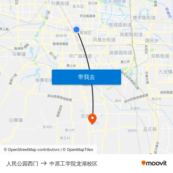 人民公园西门 to 中原工学院龙湖校区 map