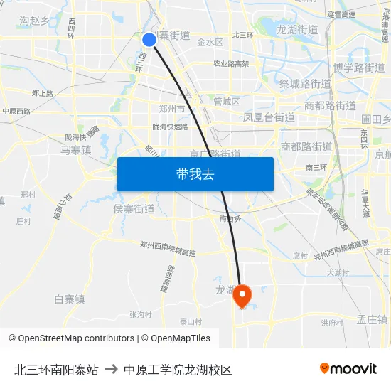 北三环南阳寨站 to 中原工学院龙湖校区 map