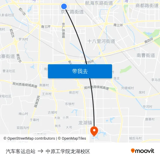 汽车客运总站 to 中原工学院龙湖校区 map