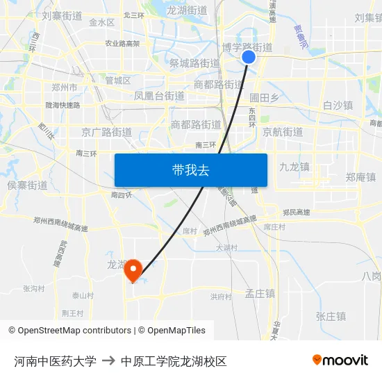 河南中医药大学 to 中原工学院龙湖校区 map