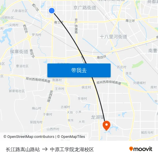 长江路嵩山路站 to 中原工学院龙湖校区 map