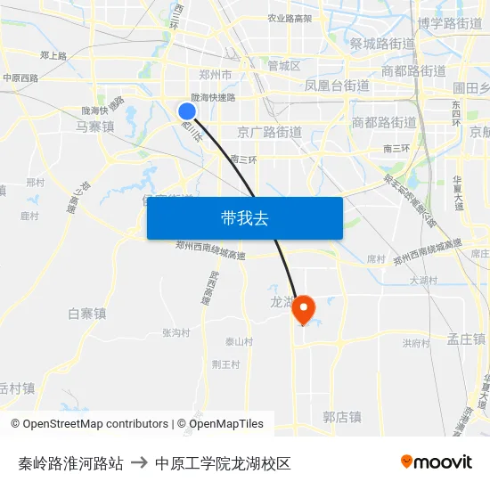 秦岭路淮河路站 to 中原工学院龙湖校区 map