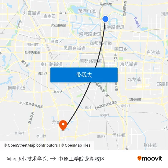 河南职业技术学院 to 中原工学院龙湖校区 map