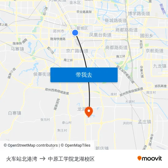 火车站北港湾 to 中原工学院龙湖校区 map