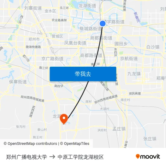 郑州广播电视大学 to 中原工学院龙湖校区 map