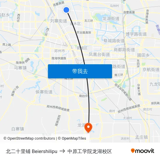 北二十里铺 Beiershilipu to 中原工学院龙湖校区 map