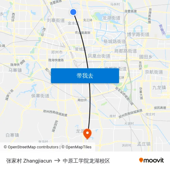 张家村 Zhangjiacun to 中原工学院龙湖校区 map