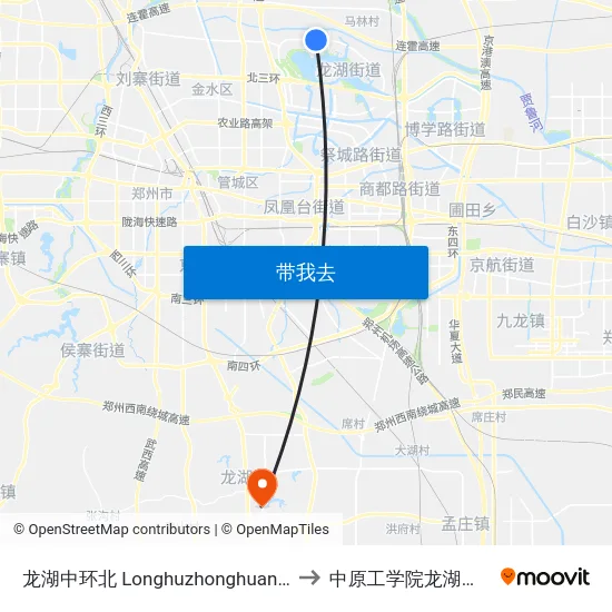 龙湖中环北 Longhuzhonghuanbei to 中原工学院龙湖校区 map