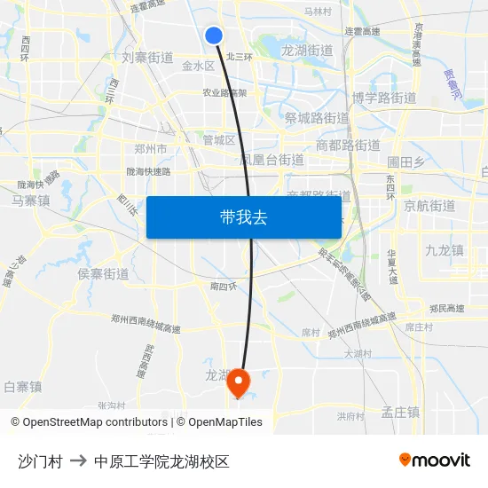 沙门村 to 中原工学院龙湖校区 map