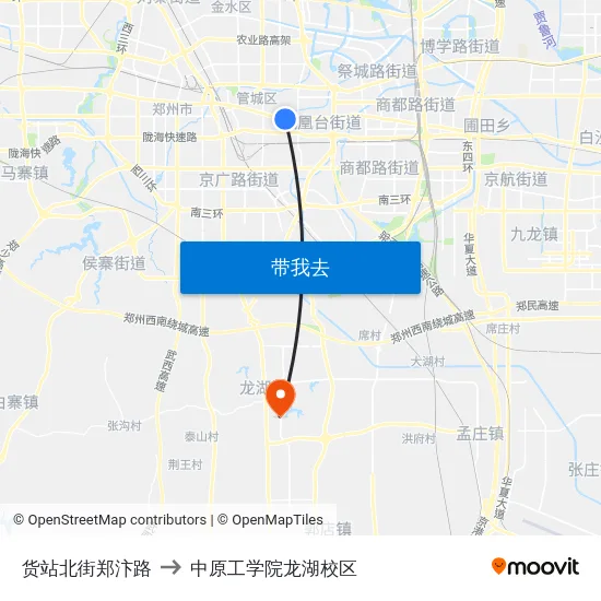 货站北街郑汴路 to 中原工学院龙湖校区 map