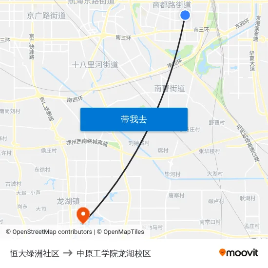 恒大绿洲社区 to 中原工学院龙湖校区 map