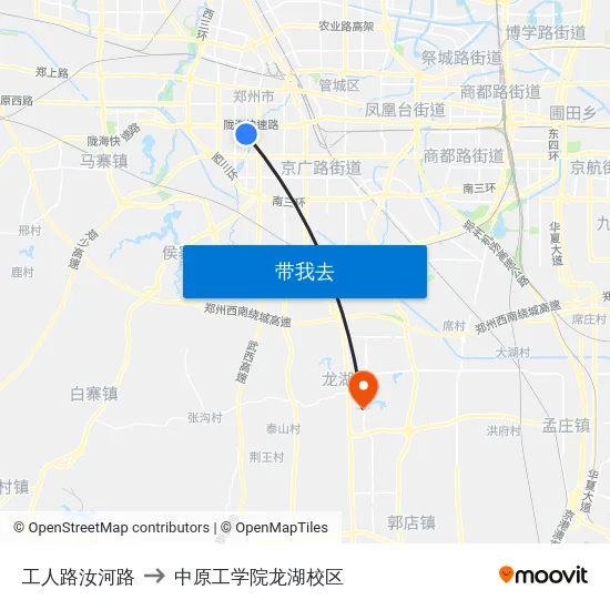 工人路汝河路 to 中原工学院龙湖校区 map