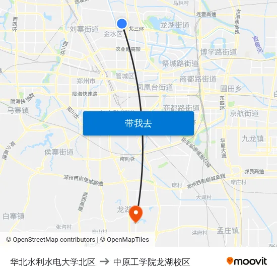 华北水利水电大学北区 to 中原工学院龙湖校区 map