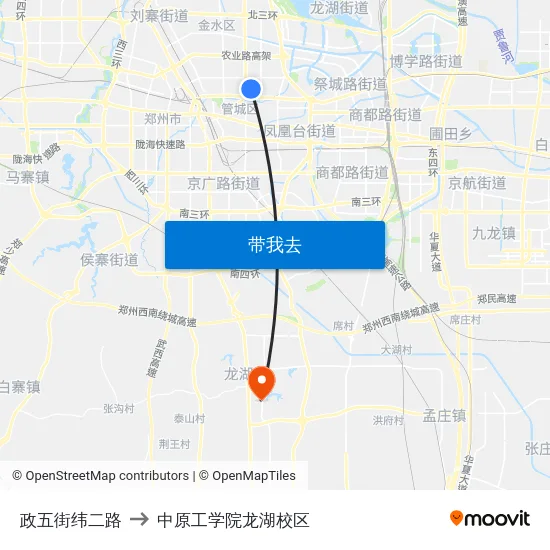 政五街纬二路 to 中原工学院龙湖校区 map