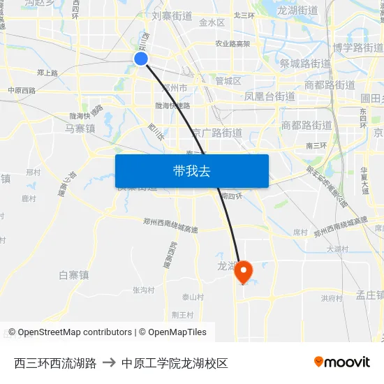 西三环西流湖路 to 中原工学院龙湖校区 map