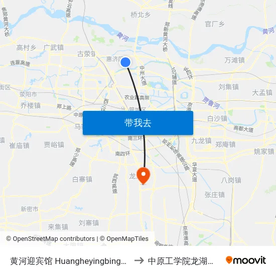 黄河迎宾馆 Huangheyingbinguan to 中原工学院龙湖校区 map