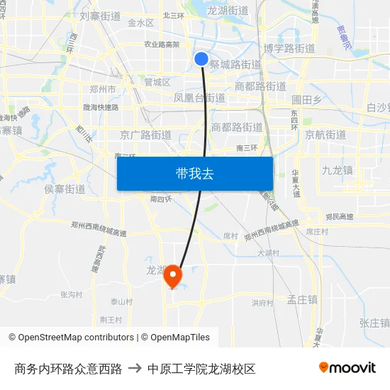 商务内环路众意西路 to 中原工学院龙湖校区 map
