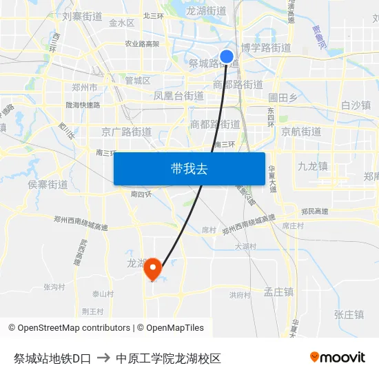 祭城站地铁D口 to 中原工学院龙湖校区 map