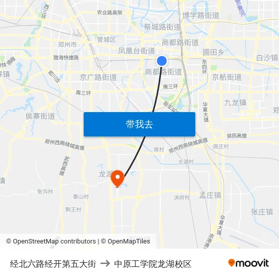 经北六路经开第五大街 to 中原工学院龙湖校区 map