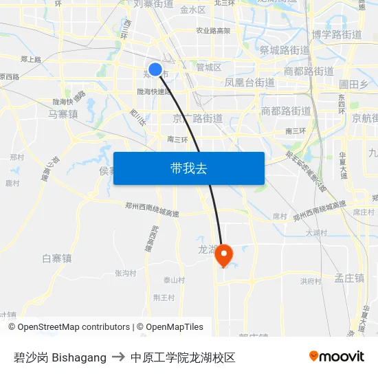 碧沙岗 Bishagang to 中原工学院龙湖校区 map
