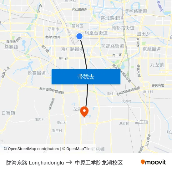 陇海东路 Longhaidonglu to 中原工学院龙湖校区 map