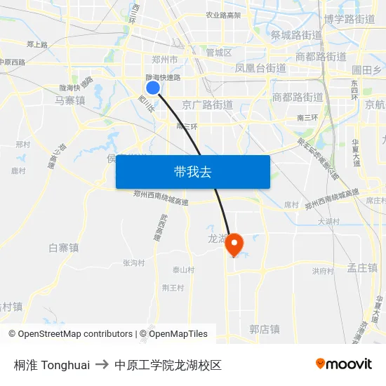 桐淮 Tonghuai to 中原工学院龙湖校区 map
