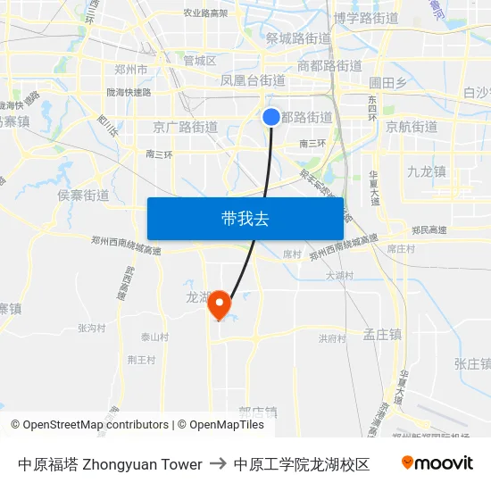 中原福塔 Zhongyuan Tower to 中原工学院龙湖校区 map