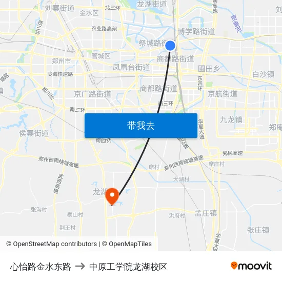 心怡路金水东路 to 中原工学院龙湖校区 map