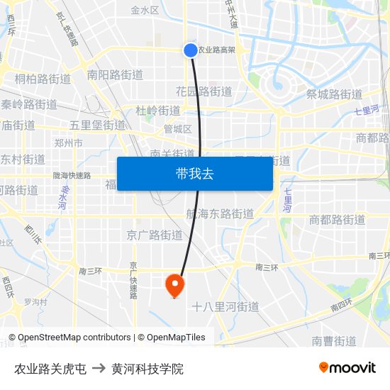 农业路关虎屯 to 黄河科技学院 map