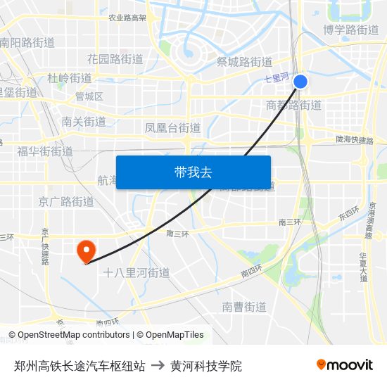 郑州高铁长途汽车枢纽站 to 黄河科技学院 map