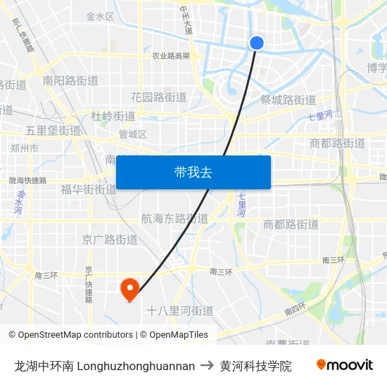龙湖中环南 Longhuzhonghuannan to 黄河科技学院 map